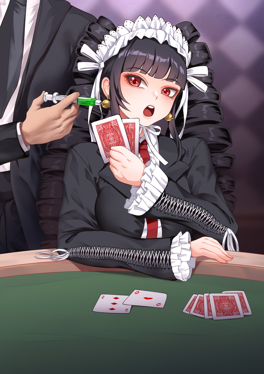 1boy 1girl :o black_hair black_jacket black_necktie black_pants card celestia_ludenberg commission danganronpa:_trigger_happy_havoc danganronpa_(series) drill_hair earrings formal frilled_jacket frills hand_up haryudanto highres holding holding_card jacket jewelry long_hair long_sleeves looking_at_viewer necktie pants playing_card poker poker_chip red_eyes red_necktie shirt solo_focus twin_drills twintails white_shirt