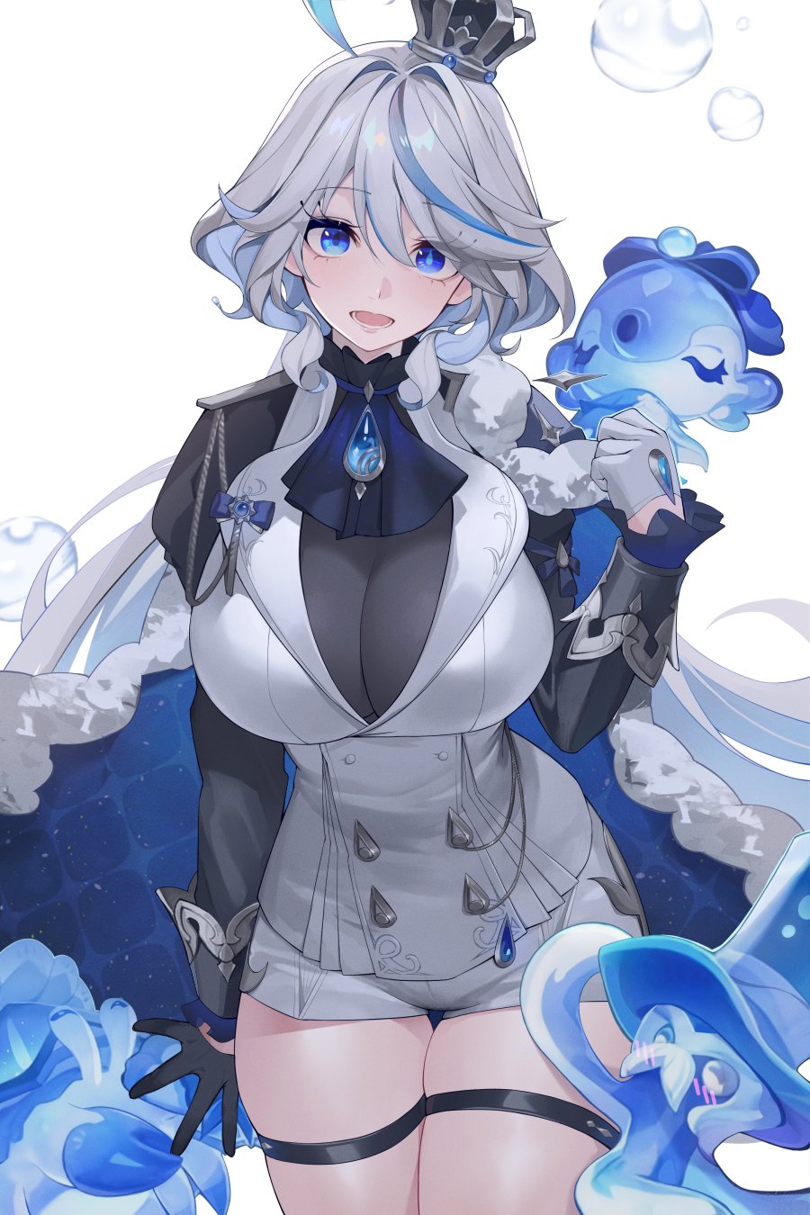 1girl alternate_breast_size ascot black_gloves blue_eyes blue_pupils breasts cape commentary cowboy_shot crown eyelashes fur-trimmed_cape fur_trim furina_(genshin_impact) genshin_impact gloves grey_hair hair_between_eyes hair_intakes hand_up highres kaneko_(bblogtinhan) large_breasts long_hair long_sleeves looking_at_viewer lower_teeth_only mini_crown multicolored_hair open_mouth short_shorts shorts simple_background streaked_hair symbol-shaped_pupils teeth thigh_gap thigh_strap thighs