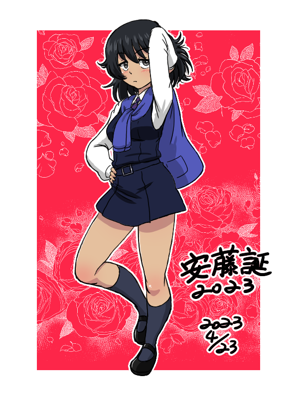 1girl 2023 andou_(girls_und_panzer) arm_up bc_freedom_school_uniform birthday black_dress black_eyes black_hair black_socks blue_necktie blue_sweater blush character_name closed_mouth commentary dark-skinned_female dark_skin dated dress dress_shirt floral_background flower full_body girls_und_panzer half-closed_eyes hand_in_own_hair hand_on_own_hip light_frown looking_at_viewer mary_janes medium_hair messy_hair necktie outline pinafore_dress pleated_dress red_background rose school_uniform shirt shoes short_dress sleeveless sleeveless_dress socks solo standing standing_on_one_leg sweater sweater_around_neck takahashi_kurage translated white_outline white_shirt wing_collar