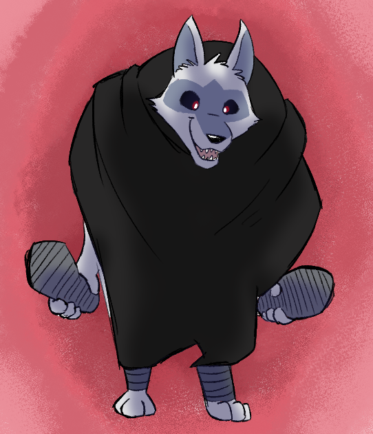 anthro black_sclera canid canine canis cloak clothed clothing death_(puss_in_boots) dreamworks facial_markings flip_flops footwear head_markings holding_object keeperaft male mammal markings poncho prick_ears puss_in_boots_(dreamworks) red_eyes sandals simple_background solo standing teeth wolf