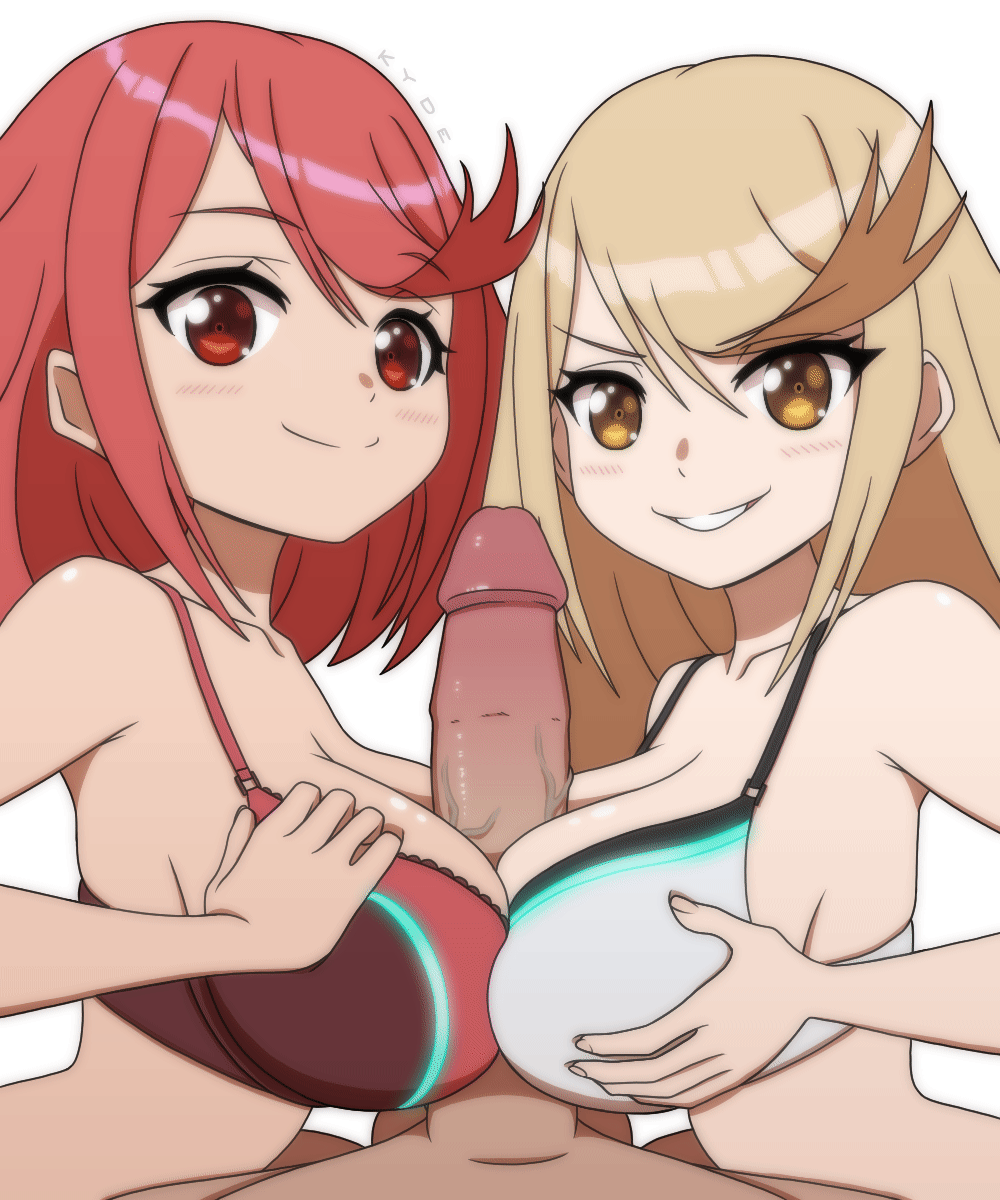 1boy 2girls :d animated animated_gif blonde_hair bra breasts closed_mouth clothed_female_nude_male double_paizuri earrings grin hetero highres jewelry kyde large_breasts large_penis long_hair looking_at_viewer medium_hair multiple_girls mythra_(xenoblade) nude penis pov pyra_(xenoblade) red_bra red_eyes red_hair simple_background smile teeth underwear v-shaped_eyebrows veins veiny_penis white_background white_bra xenoblade_chronicles_(series) xenoblade_chronicles_2 yellow_eyes