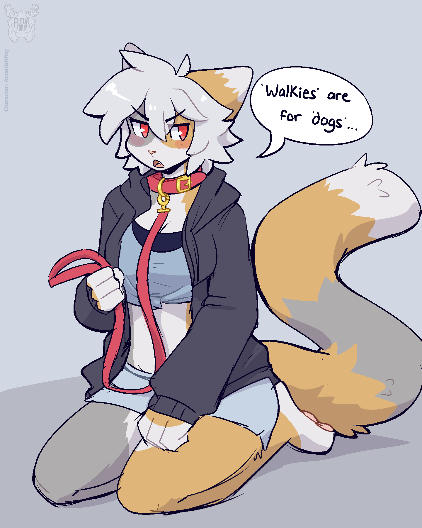 anthro biped clothed clothing collar dialogue dipstick_ears dipstick_tail domestic_cat felid feline felis female fleurfurr fur grey_body grey_fur grey_tail hair hi_res holding_leash holding_object hoodie leash mammal markings multi_tone_fur multi_tone_tail multicolored_ears open_mouth orange_body orange_ears orange_fur orange_tail pawpads pink_nose pink_pawpads red_eyes simple_background solo speech_bubble tail tail_markings topwear two_tone_ears white_body white_ears white_fur white_hair white_tail