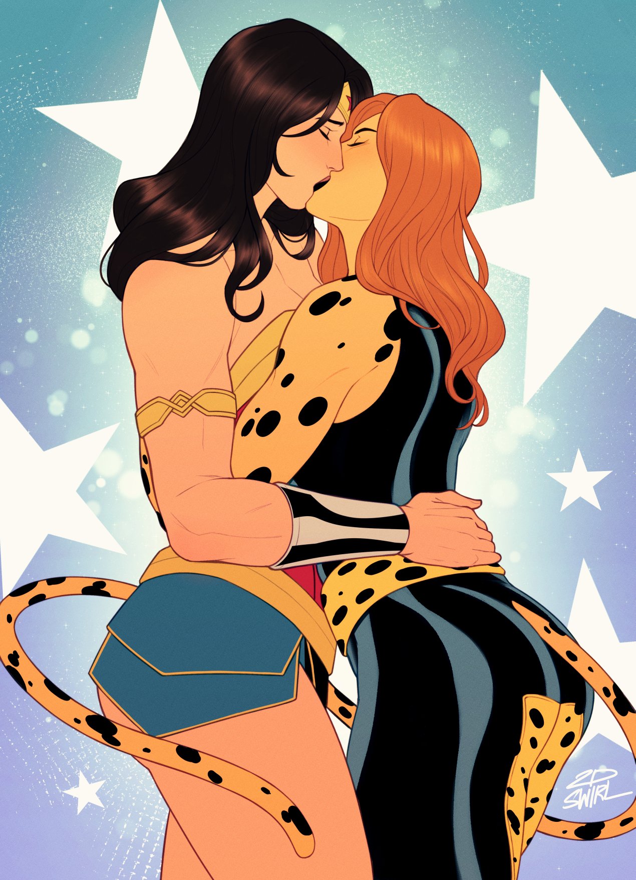 2dswirl 2girls ass bare_shoulders black_hair cheetah_(dc) cheetah_girl closed_eyes colored_skin dc_comics hand_on_another's_back highres kiss long_hair multiple_girls muscular muscular_female red_hair tail thighhighs tiara wonder_woman wonder_woman_(series) yellow_skin yuri