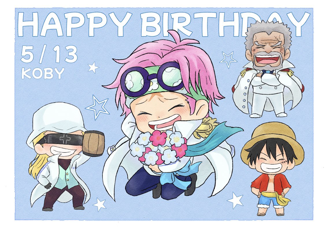 4boys beard birthday blonde_hair blush bouquet chibi coat epaulettes facial_hair full_body glasses grin happy happy_birthday headband helmeppo holding holding_bouquet koby_(one_piece) laughing male_focus monkey_d._garp monkey_d._luffy multiple_boys old old_man one_piece pink_hair ponko2_carnival short_hair smile toasting_(gesture) wrinkled_skin