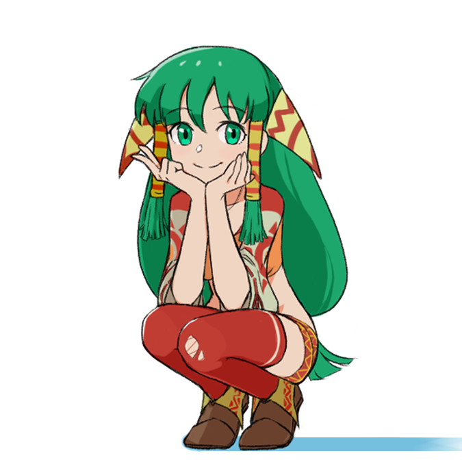 1girl breasts closed_mouth feena_(grandia) full_body grandia grandia_i green_eyes green_hair hair_ornament hair_tubes jewelry long_hair looking_at_viewer low-tied_long_hair midriff simple_background skirt smile solo squid_neetommy thighhighs v white_background wide_sleeves