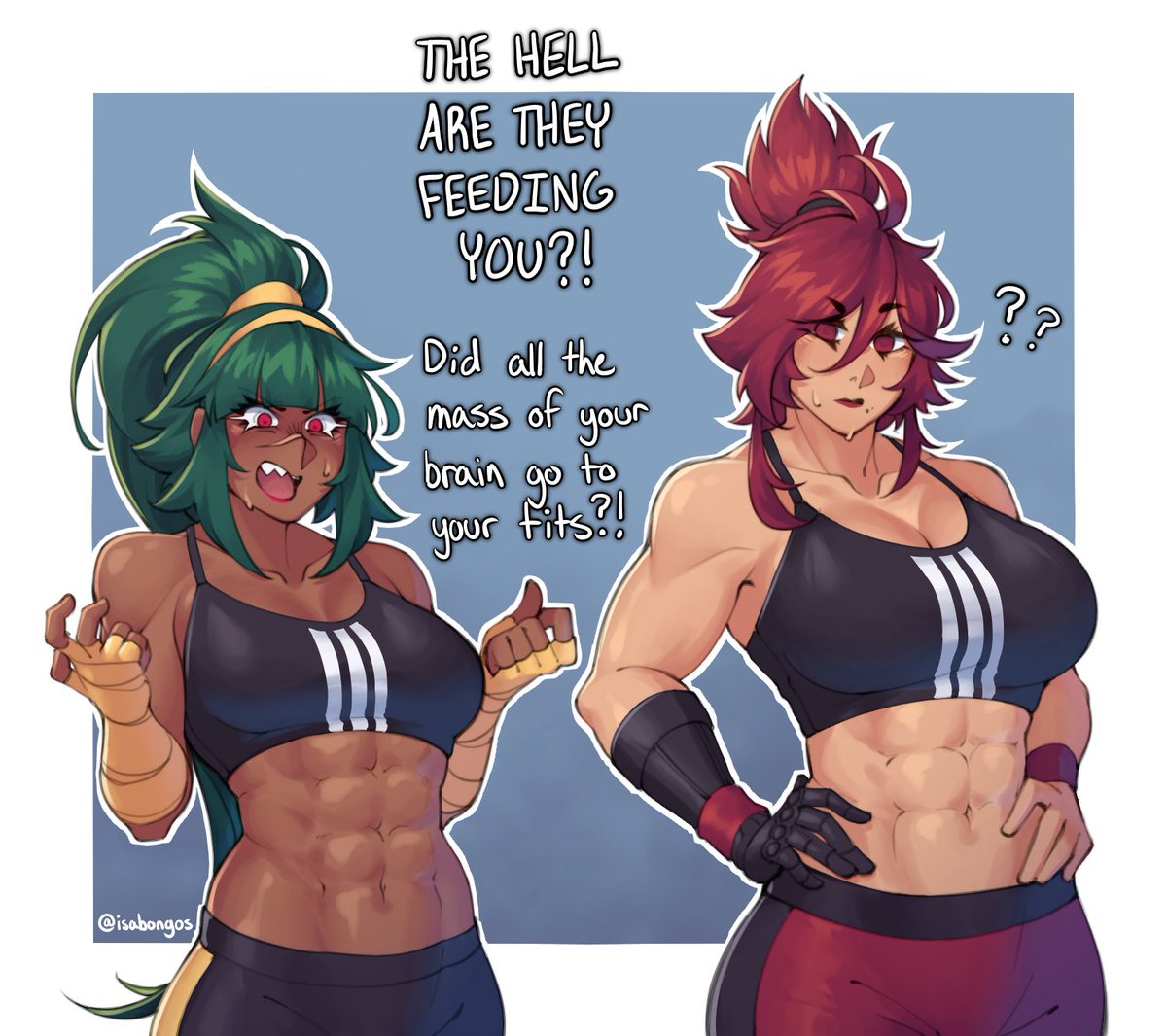 !? 2girls ? abs bandaged_arm bandages border breast_envy breasts dark-skinned_female dark_skin english_commentary english_text green_hair isabongos large_breasts multiple_girls muscular muscular_female navel open_mouth original ponytail red_eyes red_hair sharp_teeth sports_bra sweat teeth tongue twitter_username white_border