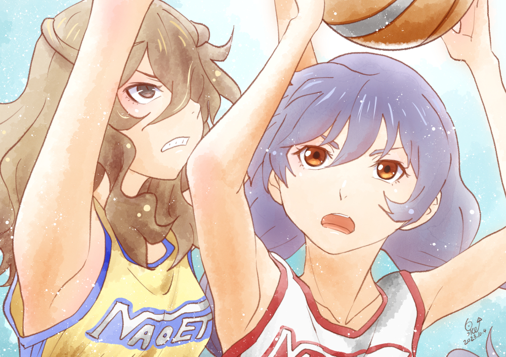 1girl 2girls aqua_background armpits arms_up artist_name ball basketball basketball_(object) basketball_uniform brown_eyes brown_hair clenched_teeth close-up collarbone commentary dated gradient_background grimace hair_between_eyes hair_over_one_eye hanamonogatari hands_up holding holding_ball huumoon jersey kanbaru_suruga long_hair looking_afar looking_at_object low_twintails medium_hair monogatari_(series) multiple_girls numachi_rouka open_mouth playing_sports purple_hair signature slit_pupils sportswear tank_top teeth thick_eyebrows twintails v-shaped_eyebrows wavy_hair white_tank_top yellow_tank_top