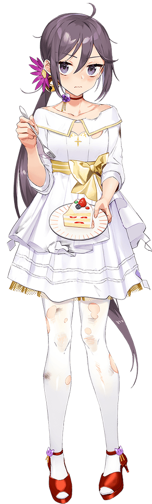 1girl ahoge akebono_(kancolle) bell blush cake collarbone dress drew_(drew213g) flower food fork full_body hair_bell hair_between_eyes hair_flower hair_ornament high_heels holding holding_fork holding_plate jingle_bell kantai_collection long_hair official_art pantyhose pink_flower plate purple_eyes purple_hair red_footwear solo strawberry_shortcake torn_clothes torn_dress torn_pantyhose transparent_background white_dress white_pantyhose