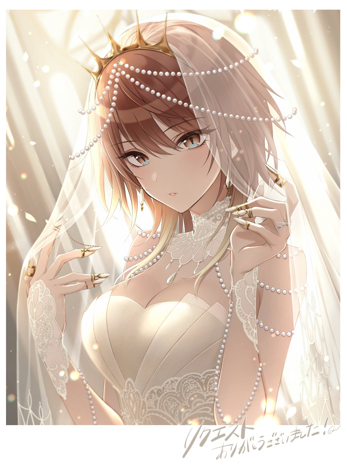 1girl aketa_mikoto alternate_costume blush breasts bridal_veil brown_hair cleavage commentary commission detached_collar dress gem glint highres idolmaster idolmaster_cinderella_girls jewelry light_particles light_rays looking_at_viewer medium_breasts multicolored_eyes pearl_(gemstone) q-v_(levia) ring solo tiara upper_body veil wedding_dress wedding_ring white_dress