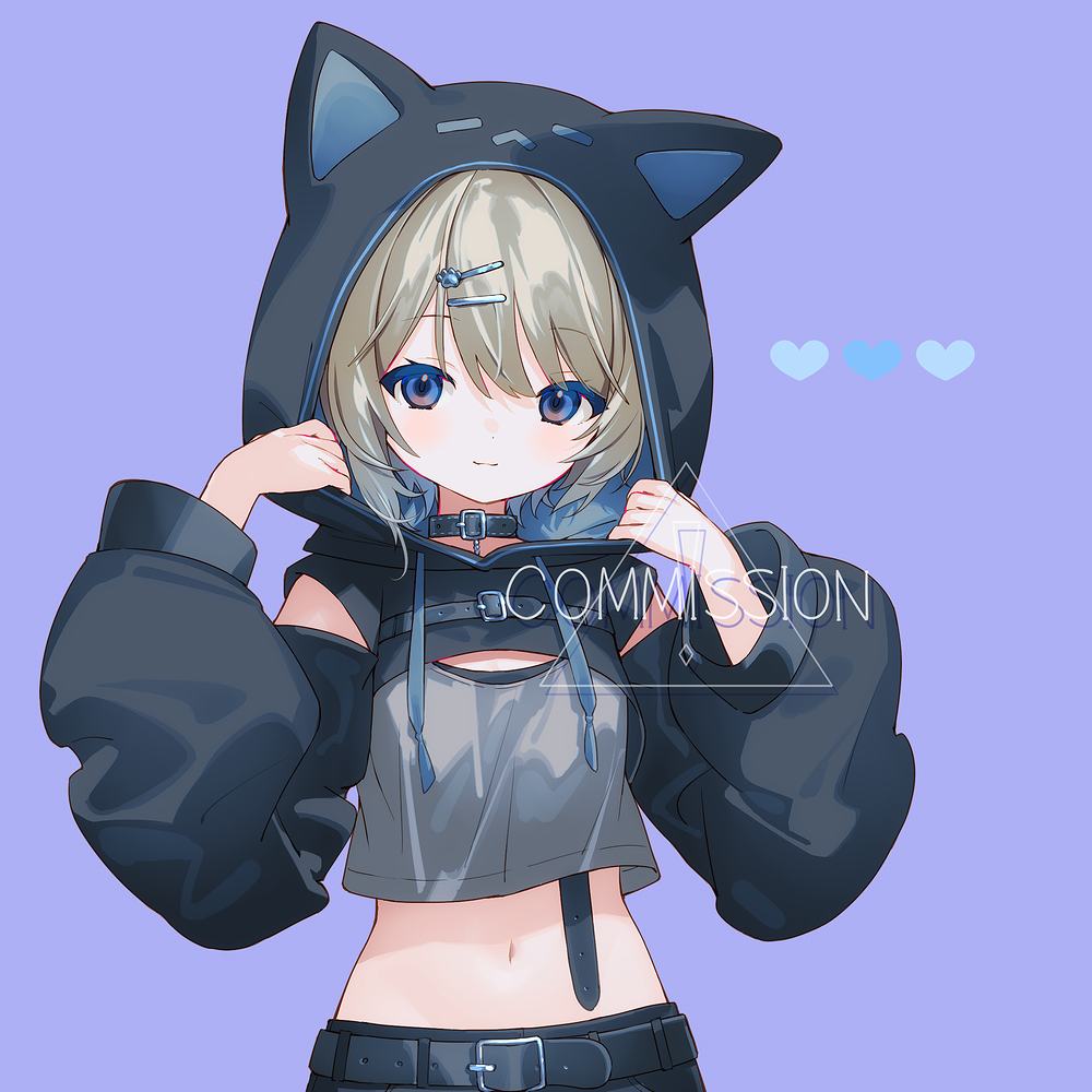 1girl animal_ears animal_hood belt belt_buckle black_belt blue_eyes brown_hair buckle cat_ears cat_hood closed_mouth commentary_request commission crop_top fake_animal_ears grey_camisole hair_between_eyes hair_ornament hairclip hands_up heart hood hood_up long_sleeves navel original paw_hair_ornament puffy_long_sleeves puffy_sleeves purple_background shrug_(clothing) simple_background skeb_commission smile solo yamiko