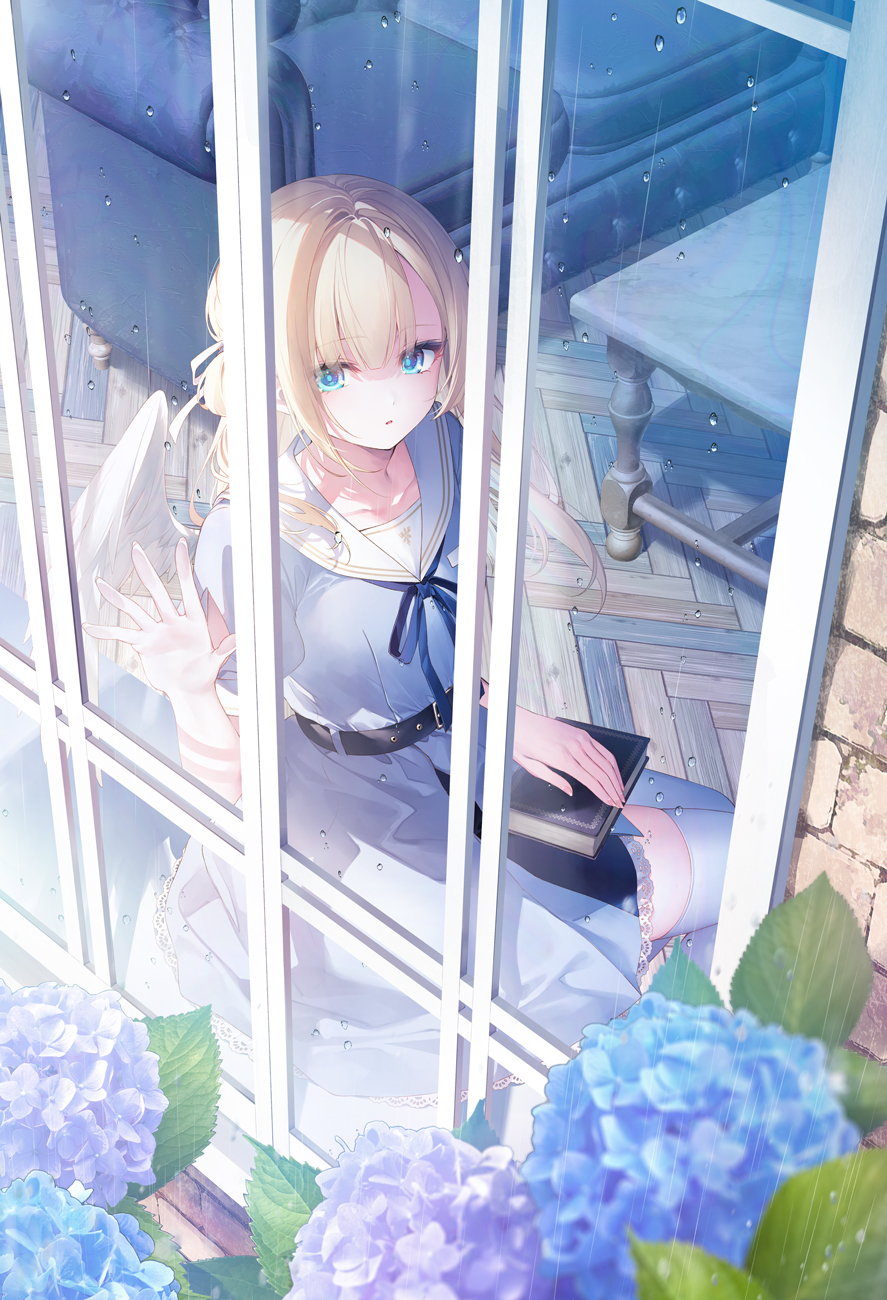 1girl angel_wings belt black_belt blonde_hair blue_dress blue_eyes blue_flower blue_ribbon blue_thighhighs blunt_bangs book collarbone dress flower hair_ribbon hand_on_window highres holding holding_book hydrangea lace-trimmed_dress lace_trim long_hair looking_at_viewer neck_ribbon original parted_lips purple_flower rain ribbon sailor_collar sidelocks sitting solo table thighhighs toosaka_asagi water_drop white_sailor_collar window window_shade windowsill wings wooden_floor