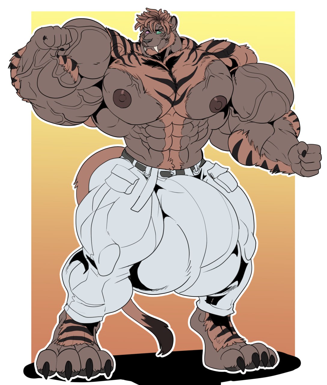 abs anthro areola balls_outline barefoot biceps big_bulge big_muscles bottomwear bulge claws clothed clothing detailed_bulge digital_media_(artwork) digitigrade facial_hair feet felid final_fantasy final_fantasy_xiv flexing flexing_bicep fur genital_outline hair heterochromia hi_res hrothgar huge_bulge hyper hyper_bulge looking_at_viewer male mammal muscular muscular_anthro muscular_male nipples pawpads paws pecs simple_background smile solo square_enix teeth toes topless vein veiny_muscles xibalbakat