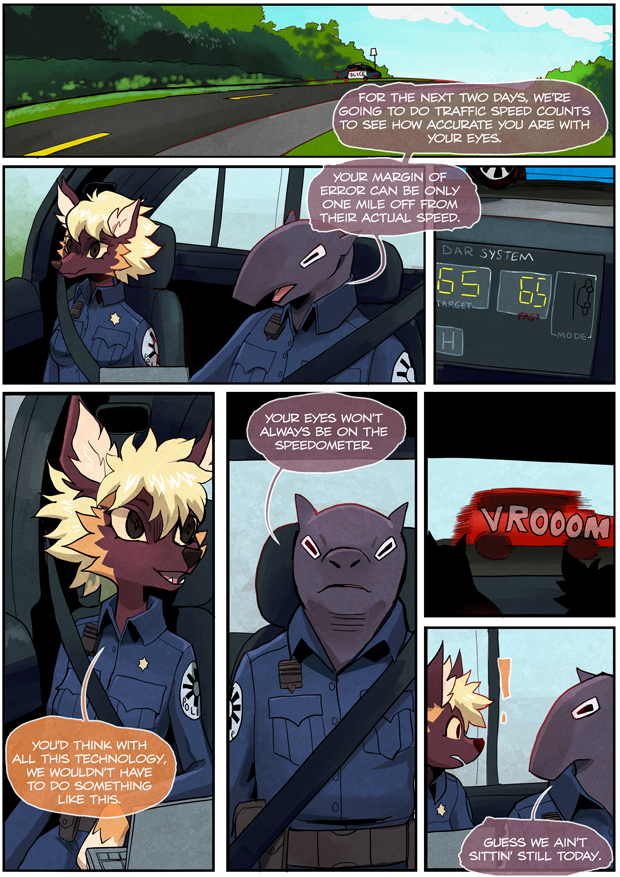 anthro brown_body canid canine canis car clothed clothing dialogue domestic_dog duo english_text female german_shepherd grimart herding_dog inside_car male mammal moxy_(grimart) pastoral_dog pillin_(grimart) police_uniform text uniform vehicle