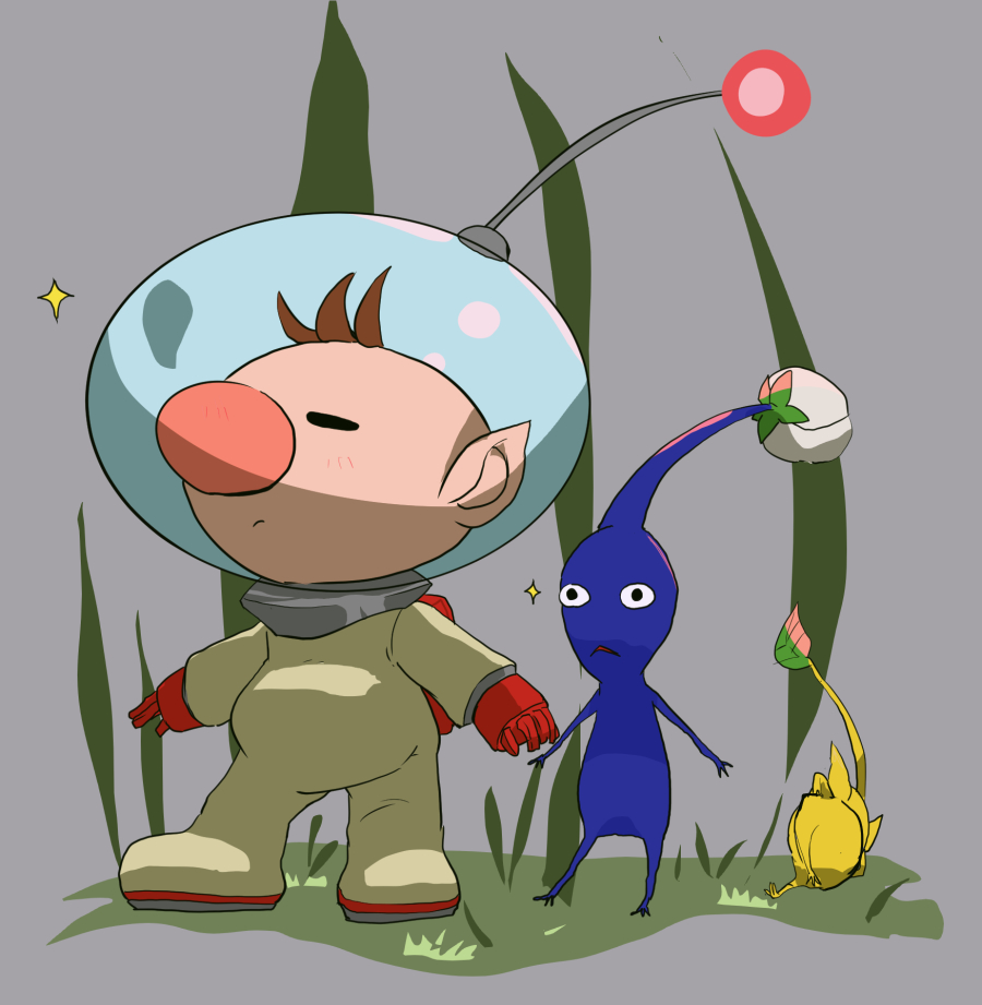 1boy alien backpack bag big_nose black_eyes blue_pikmin blue_skin blush_stickers brown_hair bud closed_eyes closed_mouth colored_skin commentary_request from_behind frown gloves grass grey_background helmet isibatamako leaf lying olimar on_side pikmin_(creature) pikmin_(series) pointy_ears radio_antenna red_bag red_gloves short_hair space_helmet spacesuit sparkle triangle_mouth very_short_hair yellow_pikmin yellow_skin