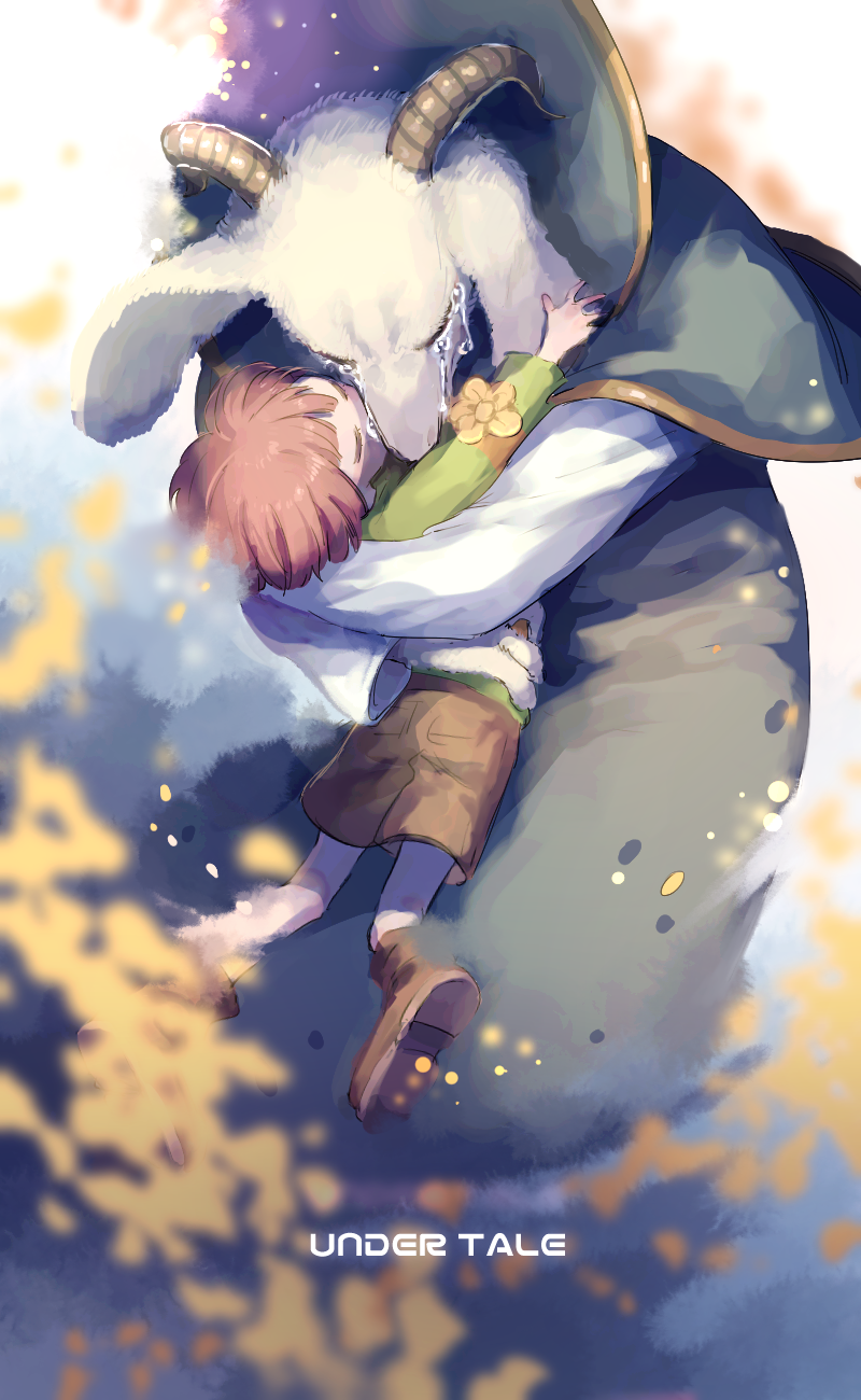 1boy 1other asriel_dreemurr black_hair black_robe brown_shorts chara_(undertale) child copyright_name crying flower goat_boy green_sweater highres hug petals robe sarami_(sa_rami30) short_hair shorts streaming_tears sweater tears two-tone_sweater undertale white_sweater yellow_flower