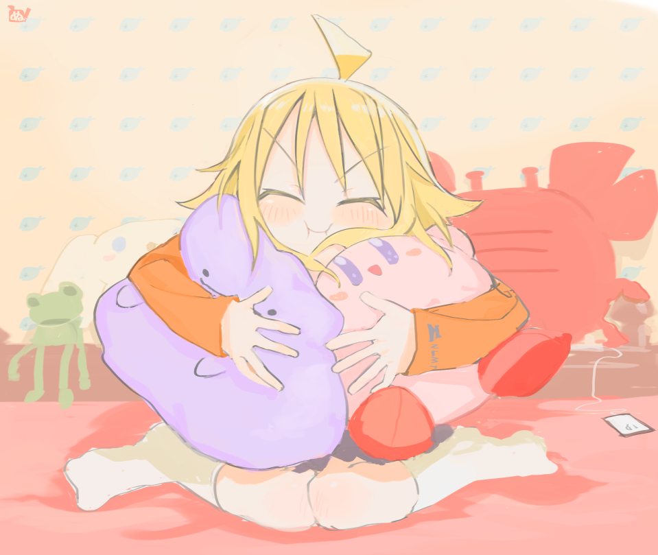 1girl ahoge bedroom black_skirt blonde_hair blush character_doll character_request closed_eyes commentary_request copyright_request digital_media_player ditto facing_viewer indoors kirby kirby_(series) kokaki_mumose long_sleeves null-meta object_hug orange_shirt pokemon puffy_cheeks shirt skirt socks solo stuffed_animal stuffed_crab stuffed_frog stuffed_toy uozumi_kurumi v-shaped_eyebrows wallpaper_(object) white_socks