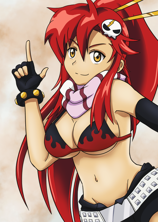 1girl belly bikini breasts hair_ornament large_breasts navel ponytail red_bikini red_hair shorts sideboob sidelocks skull_hair_ornament skylark smile solo swimsuit tengen_toppa_gurren_lagann thighhighs underboob yellow_eyes yoko_littner