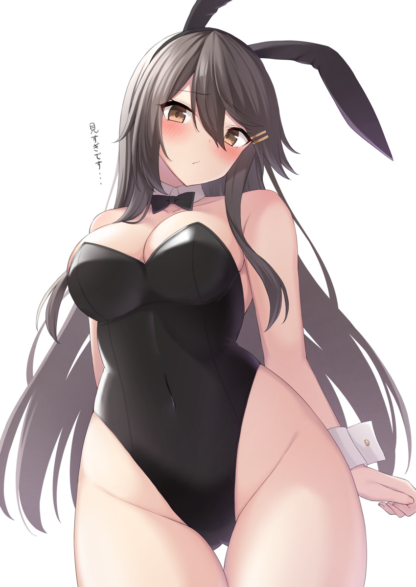 1girl akahi242 animal_ears black_hair black_leotard blush breasts brown_eyes covered_navel cowboy_shot detached_collar fake_animal_ears groin hair_between_eyes hair_ornament hairclip haruna_(kancolle) highres kantai_collection large_breasts leotard long_hair rabbit_ears revision sidelocks simple_background solo strapless strapless_leotard white_background wrist_cuffs