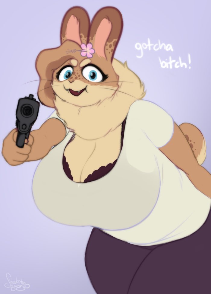 2023 5_fingers accessory anthro big_breasts blue_eyes bra breasts cleavage clothed clothing dewlap_(anatomy) dialogue dipstick_ears domestic_rabbit english_text eyelashes fangs female fingers flemish_giant flower flower_in_hair fur gun hair hair_accessory handgun hazel_(shakotanbunny) holding_gun holding_object holding_weapon lagomorph leggings legwear leporid looking_at_viewer mammal multicolored_ears open_mouth open_smile oryctolagus plant pointing_gun_at_viewer profanity purple_background rabbit ranged_weapon shakotanbunny shirt signature simple_background smile solo standing t-shirt talking_to_viewer tan_body tan_fur teeth text thick_thighs threatening threatening_viewer topwear underwear weapon whiskers wide_eyed