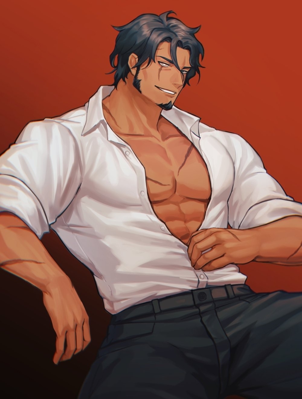 1boy bara character_request collared_shirt copyright_request dark-skinned_male dark_skin facial_hair feet_out_of_frame goatee hair_strand highres ina_zuma large_pectorals long_sideburns looking_at_viewer male_focus manspreading mature_male muscular muscular_male pants partially_unbuttoned pectorals scar scar_on_cheek scar_on_chest scar_on_face seductive_smile shirt short_hair sideburns sleeves_rolled_up smile solo thick_eyebrows undressing