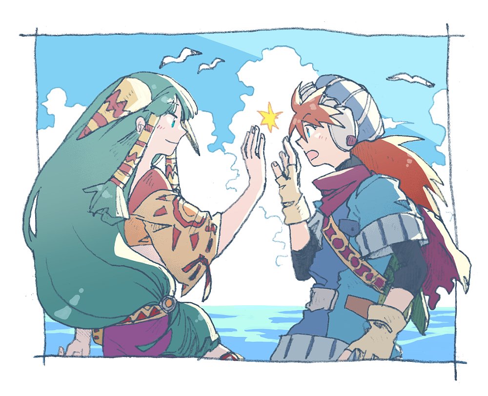 1boy 1girl bird blue_eyes closed_mouth feena_(grandia) fingerless_gloves gloves grandia grandia_i green_eyes green_hair hair_ornament hair_tubes justin_(grandia) long_hair low-tied_long_hair michibata_65 midriff open_mouth seagull skirt smile water