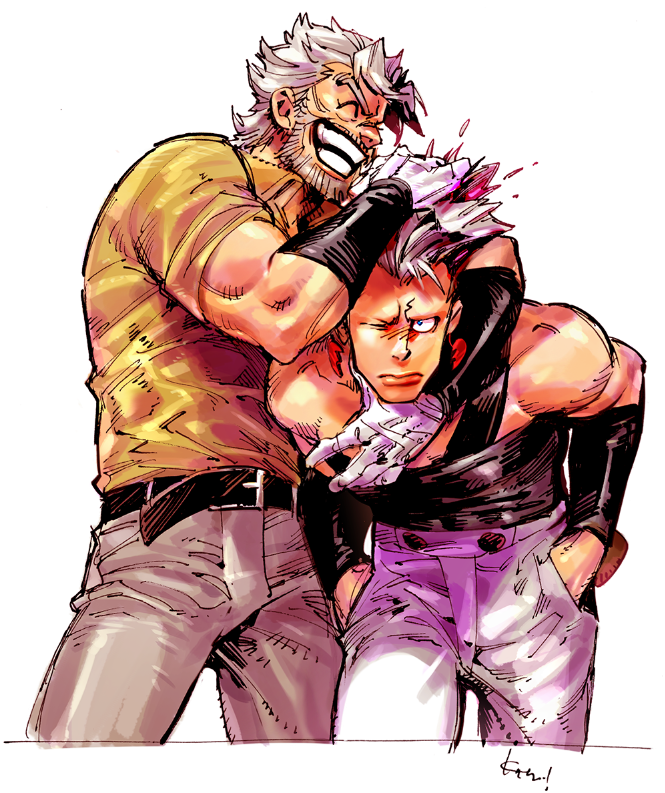 2boys ^_^ affectionate beard belt closed_eyes cowboy_shot earrings facial_hair gloves hand_in_another's_hair hand_on_another's_head hands_in_pockets happy headpat hug jean_pierre_polnareff jewelry jojo_no_kimyou_na_bouken joseph_joestar joseph_joestar_(old) kotteri looking_up male_focus multiple_boys muscular muscular_male one_eye_closed pants shirt short_hair simple_background smile white_background white_gloves white_hair white_pants yellow_shirt