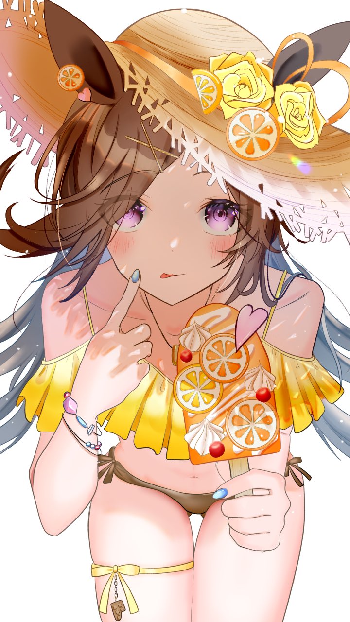1girl alternate_costume ass_visible_through_thighs bare_shoulders bikini brown_bikini brown_hair brown_headwear commentary finger_to_cheek flower food frilled_bikini frills from_above hair_over_one_eye hat hat_flower highres holding holding_food holding_ice_cream horse_girl ice_cream jewelry jzhcad93zlc0apd long_hair looking_at_viewer looking_up mismatched_bikini necklace purple_eyes rice_shower_(umamusume) rose simple_background sitting solo straw_hat sun_hat swimsuit symbol-only_commentary umamusume white_background yellow_bikini yellow_flower yellow_rose