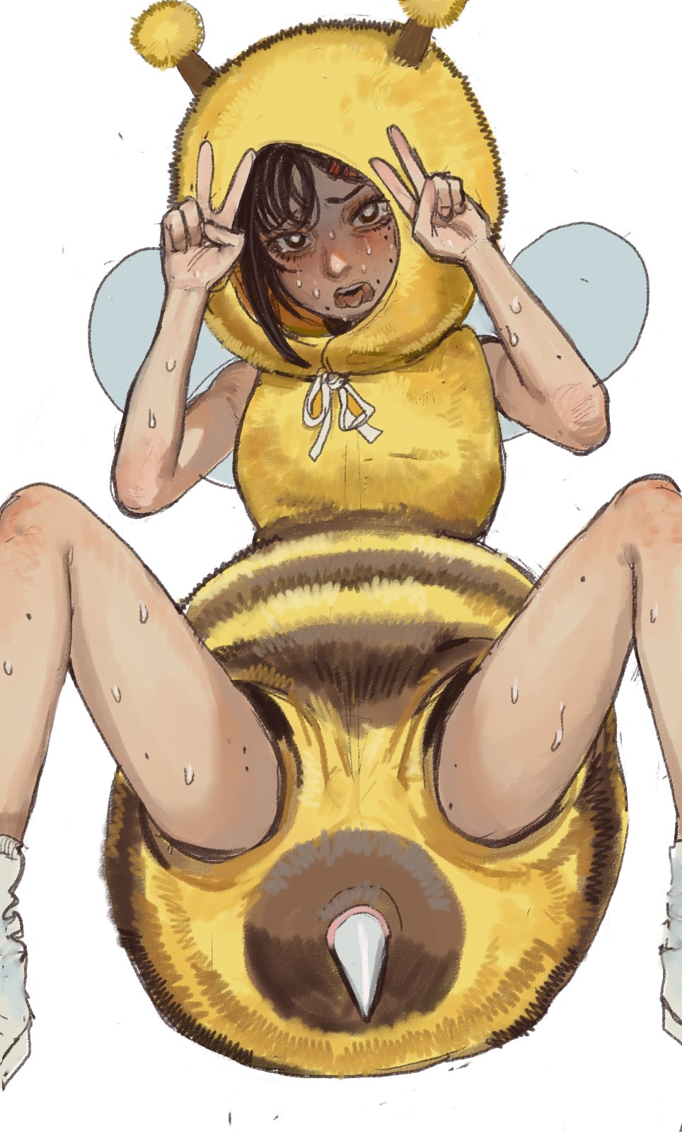 1girl arthropod_girl bee bee_costume bee_girl bee_wings brown_eyes brown_hair bug chainsaw_man double_v fake_antennae fake_wings hair_ornament hairclip higashiyama_kobeni highres insect_wings looking_at_viewer mossacannibalis nervous_sweating pun sitting solo spread_legs stinger sweat tongue tongue_out v white_background wings