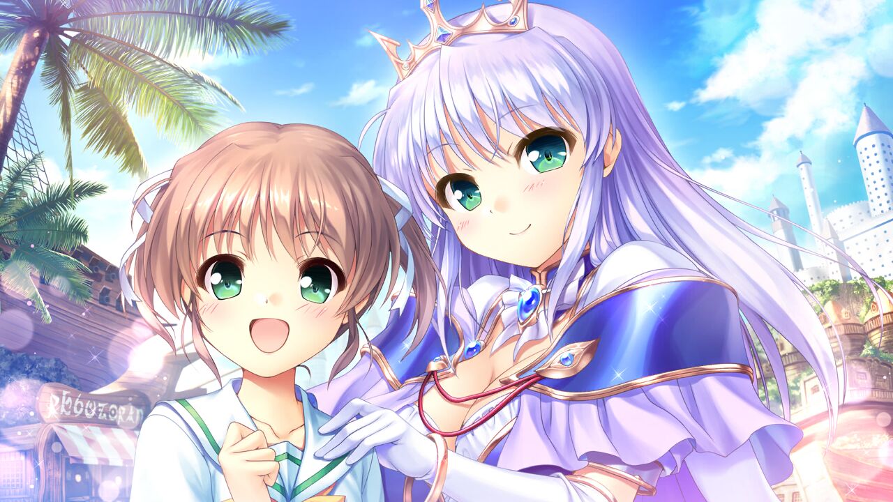 2girls asagiri_mai blue_brooch blue_choker blue_gemstone blue_sky blush bow breasts brooch brown_hair cannon castle choker cleavage cloud crown day dress elbow_gloves feena_fam_earthlight game_cg gem gloves green_eyes hair_ribbon hand_on_another's_shoulder iris_mysteria! jewelry large_breasts long_hair looking_at_viewer multiple_girls open_mouth outdoors princess purple_hair ribbon school_uniform ship shirt short_hair short_sleeves short_twintails shoulder_pads sky smile tiara tree twintails watercraft white_gloves yoake_mae_yori_ruri_iro_na