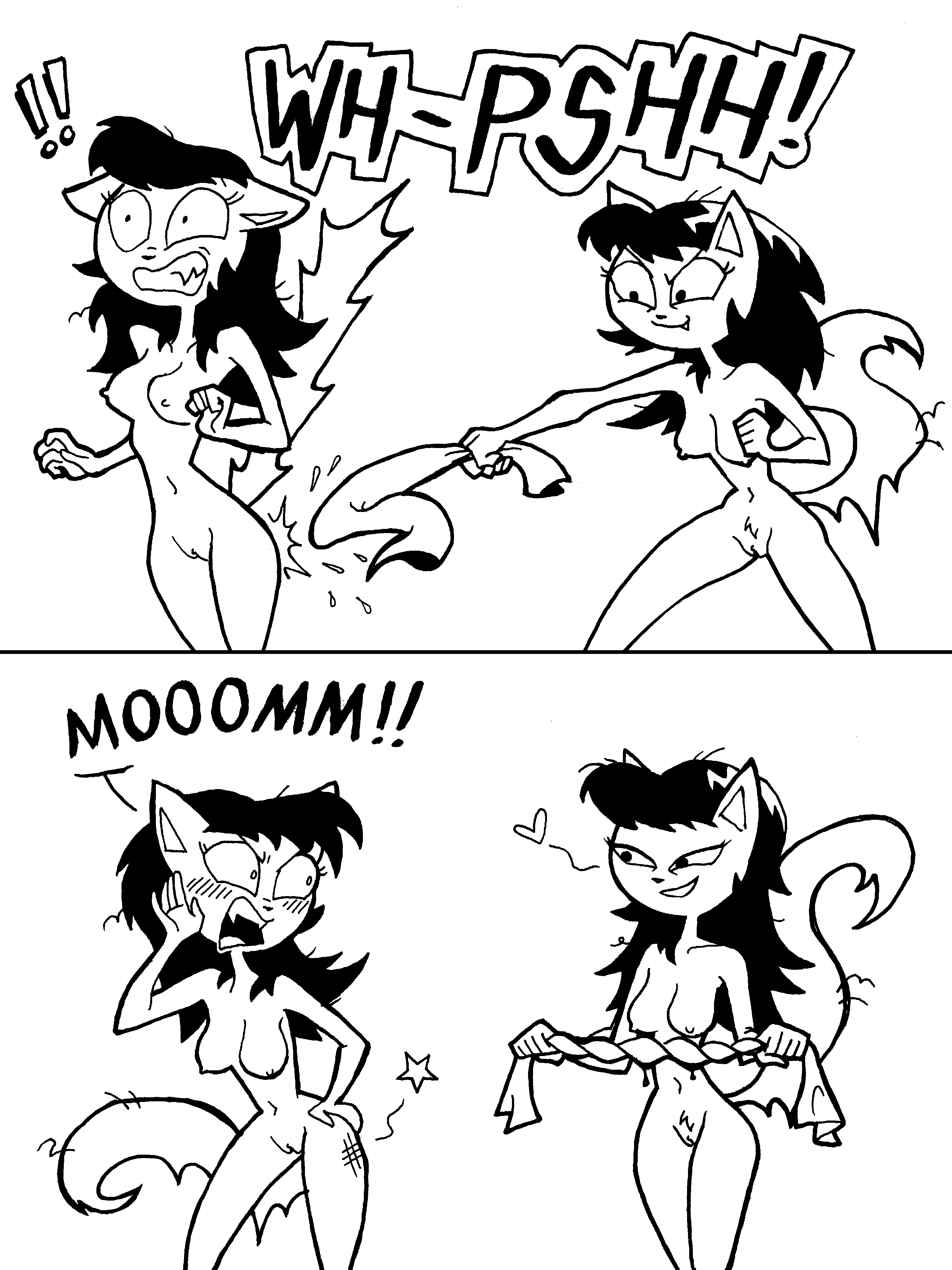 &lt;3 2023 2koma 5_fingers absurd_res anthro arms_bent big_eyes big_mouth_(anatomy) biped black_and_white black_text breasts butt_slap clenched_teeth closed_smile comic dialogue digital_drawing_(artwork) digital_media_(artwork) domestic_cat duo ears_down emanata english_text exclamation_point eyebrows eyelashes fangs felid feline felis female female/female fingers frown genitals hair hand_on_hip hand_on_own_hip head_turned hi_res highlights_(coloring) holding_object holding_towel humanoid_hands innie_pussy katty_katswell kitty_katswell legs_together long_hair looking_at_another looking_at_another's_butt looking_at_butt looking_at_partner looking_back looking_back_at_another looking_back_at_partner mammal mateora medium_breasts messy_hair messy_tail monochrome mouth_closed navel nickelodeon nipples no_irises nude nude_anthro nude_female open_frown open_mouth pivoted_ears prick_ears pupils pussy screaming sibling_(lore) sister_(lore) sisters_(lore) slap slap_mark small_nose small_pupils smile smiling_at_partner sound_effects spank_marks standing star t.u.f.f._puppy tail teeth text thin_eyebrows tongue towel white_heart wide_hips