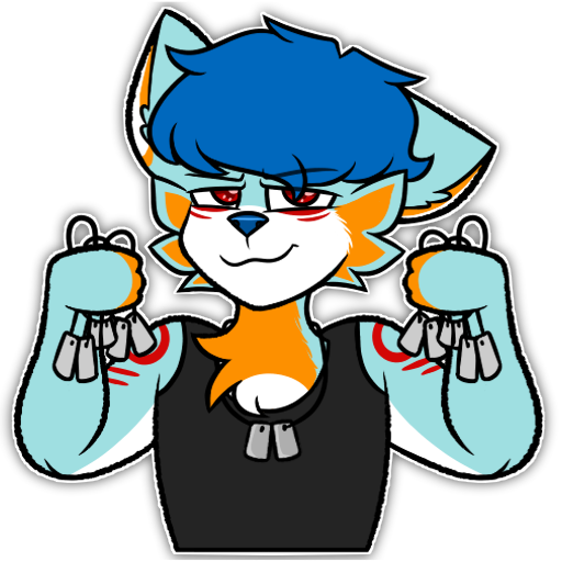 anthro black_clothing black_shirt black_topwear blue_hair clothing dog_tags falcon_woodwere fur hair holding_object looking_at_viewer loud_queen male multicolored_body multicolored_fur one_ear_up red_eyes shirt smile smiling_at_viewer smirk smirking_at_viewer solo topwear