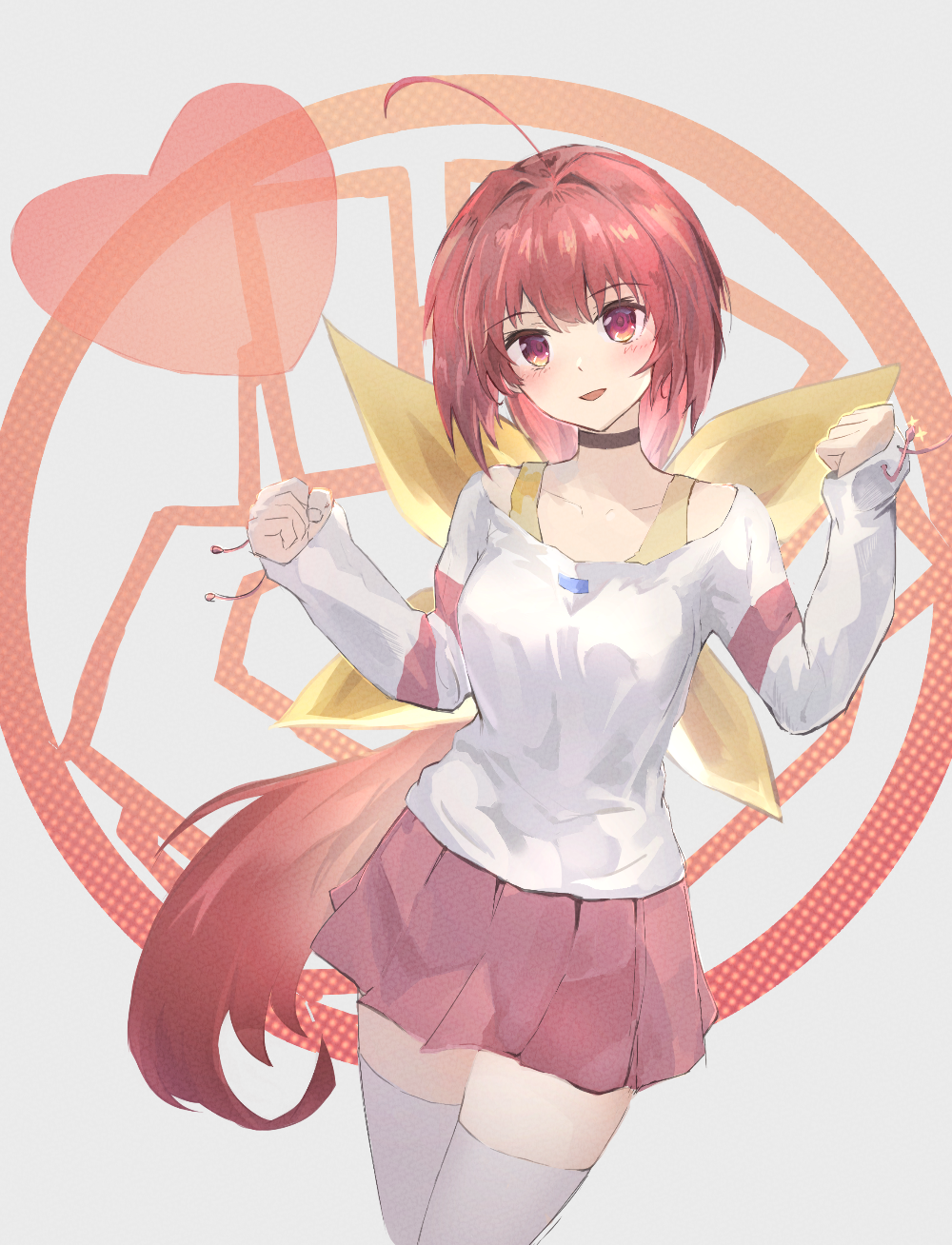 1girl ahoge blush breasts clenched_hands collarbone grey_background hair_ribbon heart highres kagami_sumika koyu_(ctsa2278) long_hair long_sleeves medium_breasts muv-luv open_mouth pleated_skirt red_eyes red_hair red_skirt ribbon shirt skirt smile solo thighhighs very_long_hair white_ribbon white_shirt white_thighhighs