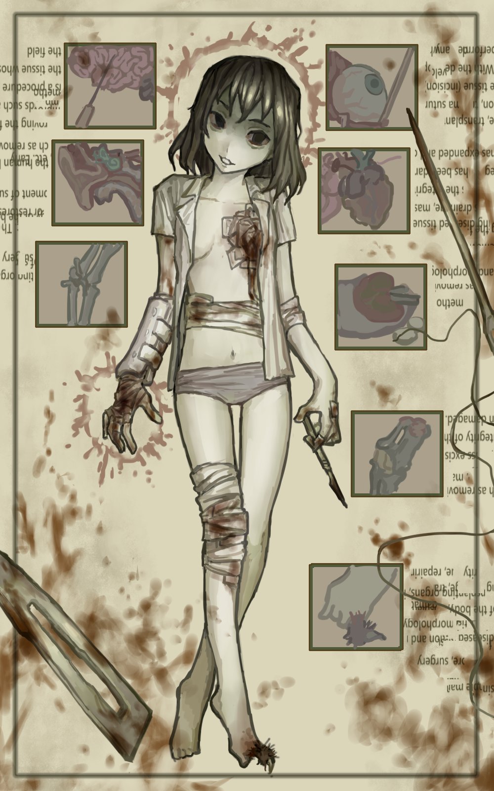 1girl anatomy bandages barefoot blood blood_on_bandages bloodshot_eyes bone brain brain_injection breasts brown_hair cast claws cleavage collared_shirt english_text eyeball full_body guro head_tilt heart_(organ) highres holding_scalpel injection looking_at_viewer midriff mimi_(world_of_horror) navel needle no_bra no_pants open_clothes open_shirt panties paper parted_lips pink_panties scalpel sewing_needle shirt smile solo splint thread underwear unworn_hairclip world_of_horror wuwuren x-ray
