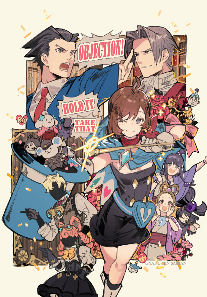 3boys 5girls ace_attorney ace_attorney_investigations ahoge ascot beads belt_pouch black_dress black_gloves black_hair blonde_hair blue_cape blue_headwear blue_jacket blunt_bangs blush_stickers boots bow bow-shaped_hair bowtie breasts brown_hair brown_vest cape chinese_commentary cleavage closed_mouth collared_shirt commentary copyright_name cousins dress drill_hair english_text faceless faceless_female faceless_male formal frilled_gloves frills gloves goggles goggles_around_neck goggles_on_head grey_eyes grey_gloves grey_hair hair_intakes hair_ornament hair_rings hands_on_own_face hanten_(clothes) hat heart heart_pouch herlock_sholmes high_ponytail holding holding_clothes holding_hat holding_wand iris_wilson jacket japanese_clothes jewelry kay_faraday key_hair_ornament kimono knee_boots long_hair looking_ahead looking_at_viewer magatama magatama_necklace maya_fey miles_edgeworth multiple_boys multiple_girls neck_ribbon necklace necktie one_eye_closed open_mouth parted_bangs parted_lips pearl_fey phoenix_wright pink_hair pink_jacket pointing pointing_to_the_side pouch puffy_sleeves purple_hair purple_jacket red_jacket red_necktie red_ribbon red_sash red_scarf ribbon romaji_text sash scarf shirt short_hair sidelocks spade_(shape) speech_bubble spiked_hair starshadowmagician steel_samurai strapless strapless_dress stuffed_animal stuffed_koala stuffed_toy swept_bangs teeth the_great_ace_attorney top_hat trucy_wright twintails vest wand white_footwear white_kimono white_shirt yellow_bow yellow_bowtie