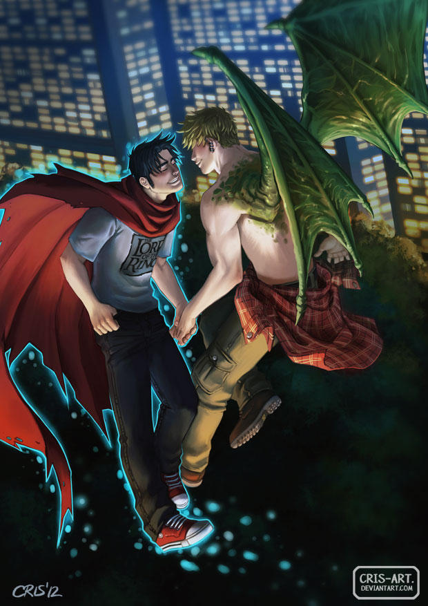 2boys alien bara black_hair blonde_hair blush cityscape cloak clothes_around_waist couple cris_art dragon_wings flying from_side full_body green_wings grin half-closed_eyes happy hulkling imminent_kiss interspecies long_sideburns male_focus marvel multiple_boys pants red_cloak shirt shirt_around_waist shoes short_hair sideburns smile telekinesis thick_eyebrows toned toned_male topless_male wiccan wings yaoi