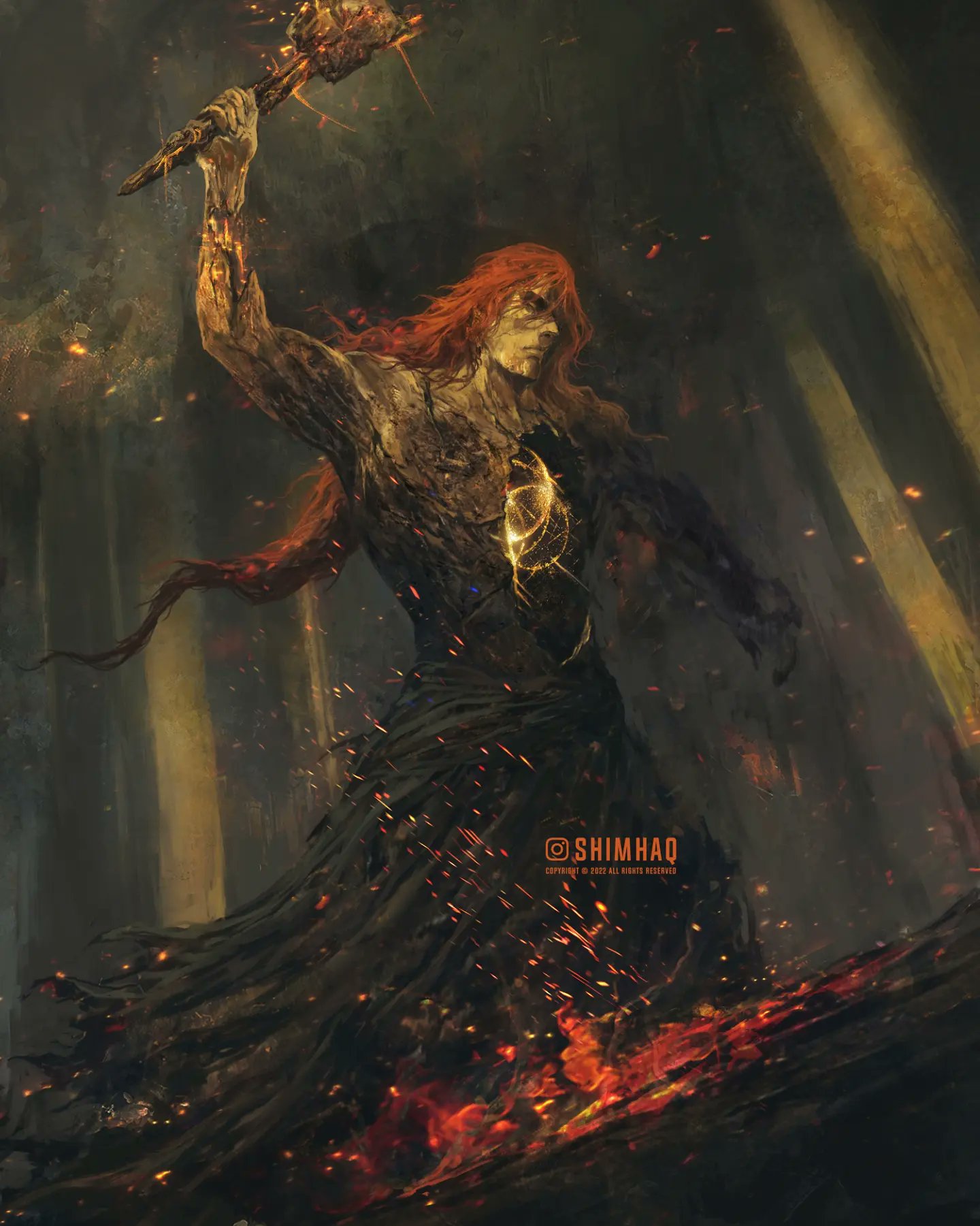 1boy arm_up bare_arms bare_pectorals black_robe cracked_skin elden_ring elden_ring_(object) embers forge from_software hammer highres hole_in_chest hole_on_body light_rays long_hair pectorals radagon_of_the_golden_order red_hair robe serious shimhaq topless