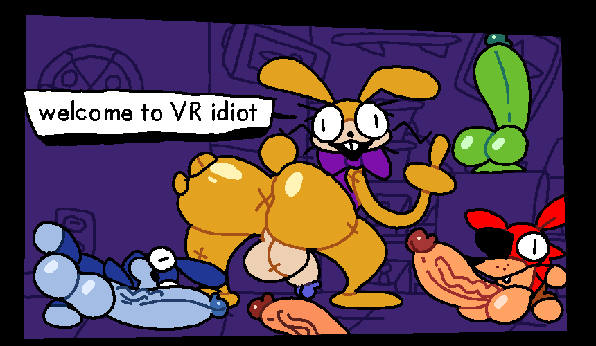 anthro anus balls bent_over big_balls big_butt big_dildo big_penis bonnie_(fnaf) bow_tie buckteeth butt digital_media_(artwork) dildo english_text eye_patch eyewear five_nights_at_freddy's five_nights_at_freddy's_vr:help_wanted foxy_(fnaf) genitals gesture glitchtrap hand_on_butt inside lagomorph leporid long_ears looking_at_viewer looking_back male mammal middle_finger on_ground penis plushie presenting presenting_anus presenting_hindquarters purple_bow_tie rabbit scottgames sex_toy shelf solo speech_bubble spread_butt spreading superiorfox teeth text thick_thighs vein veiny_penis x_anus yellow_body