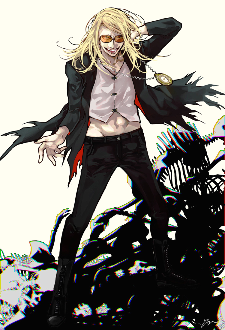 1boy blonde_hair crazy_smile fate/grand_order fate_(series) fish_skeleton flapper_shirt jacket long_hair looking_at_viewer male_focus medallion midriff nervlish open_clothes open_jacket shirt simple_background skinny smile solo standing sunglasses tezcatlipoca_(fate) tinted_eyewear