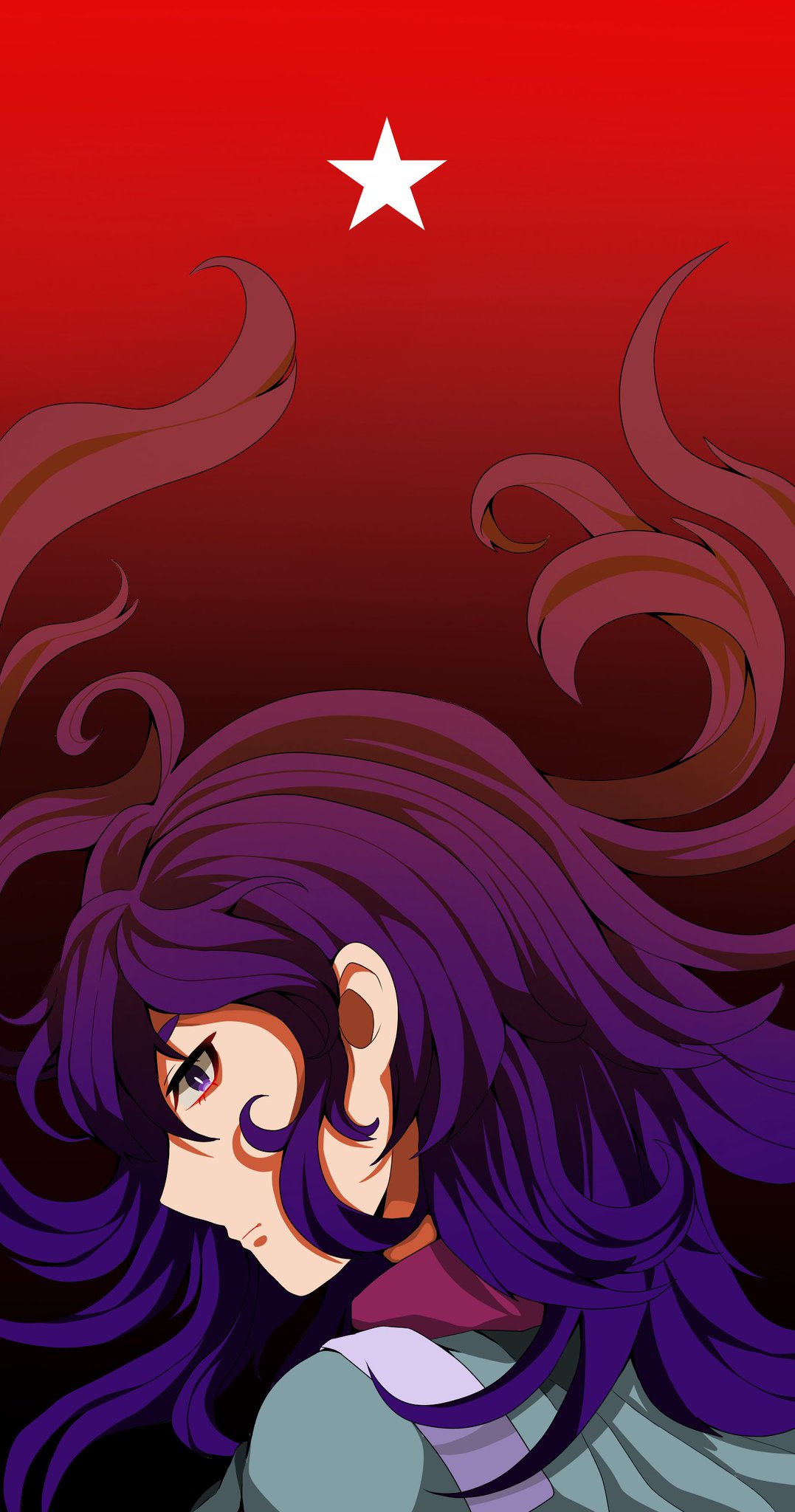 1jumangoku 1other androgynous black_background blue_capelet capelet clause closed_mouth collar collared_capelet commentary floating_hair from_side gradient_background highres len'en light_frown long_hair looking_at_viewer looking_back purple_collar purple_eyes purple_hair red_background star_(symbol) symbol-only_commentary teeth thick_eyebrows upper_teeth_only very_long_hair