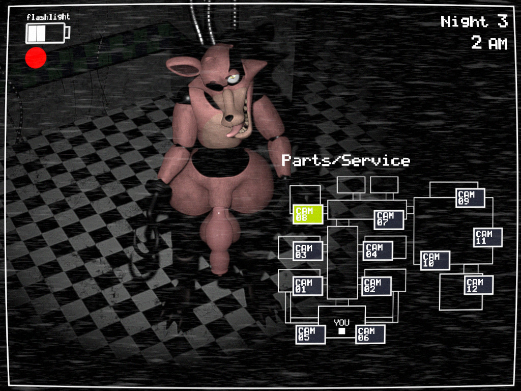 2021 3d_(artwork) animal_genitalia animal_penis animatronic anthro balls big_balls big_penis black_nose camera_view canid canine canine_genitalia canine_penis canis checkered_floor claws digital_media_(artwork) english_text eye_patch eyewear five_nights_at_freddy's five_nights_at_freddy's_2 fox gameplay_mechanics genitals head_down hook hook_hand inside knot looking_at_viewer machine male mammal multicolored_body nude one_ear penis rckke red_body red_ears robot scottgames sharp_teeth sheath solo standing teeth text toe_claws tongue tongue_out two_tone_body wire withered_foxy_(fnaf) yellow_eyes