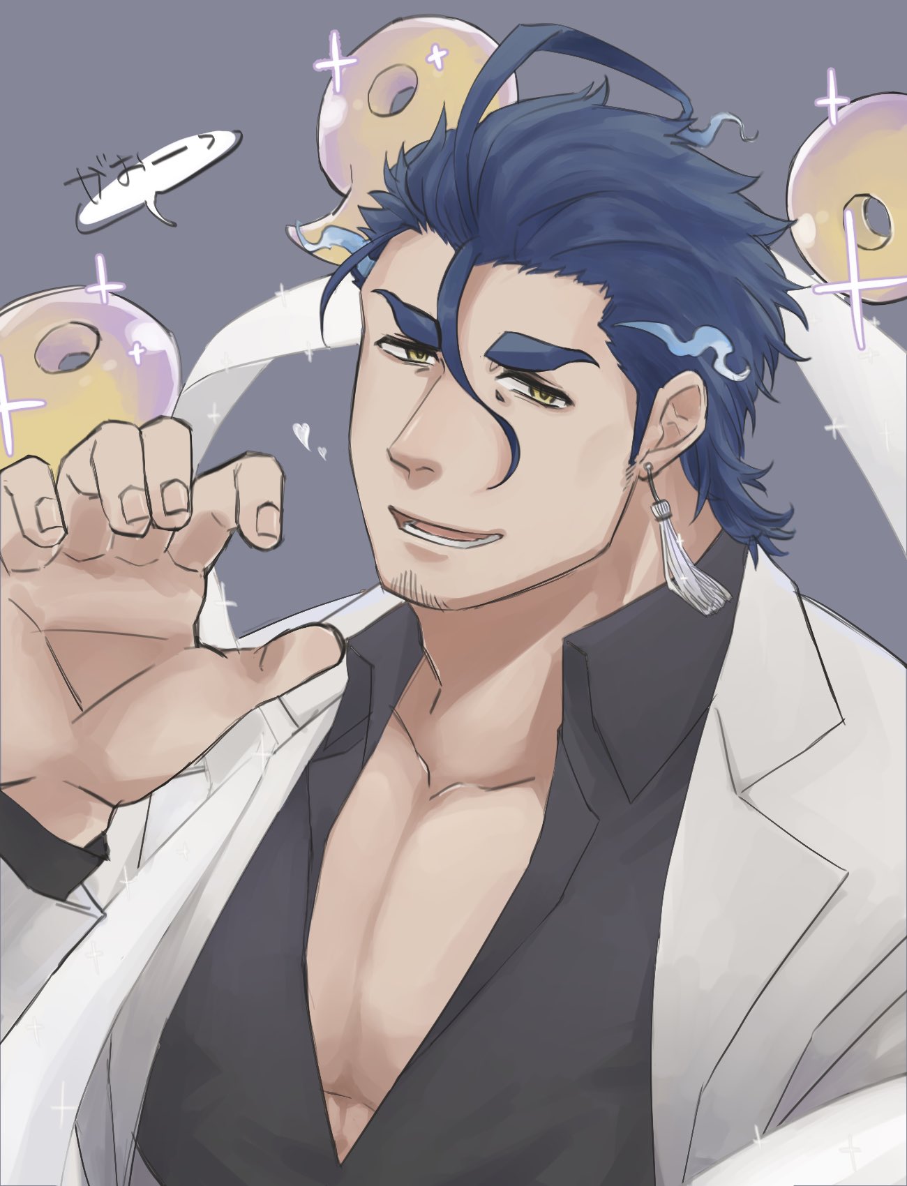 1boy 9ry_2515 bara character_request collared_shirt earrings fiery_hair goatee_stubble hair_between_eyes hair_strand halo_behind_head hand_up head_tilt highres jewelry large_pectorals long_sideburns looking_at_viewer magatama male_focus mature_male muscular muscular_male partially_unbuttoned paw_pose pectoral_cleavage pectorals shirt short_hair sideburns sideburns_stubble smile solo sparkle suit thick_eyebrows tokyo_afterschool_summoners upper_body white_suit