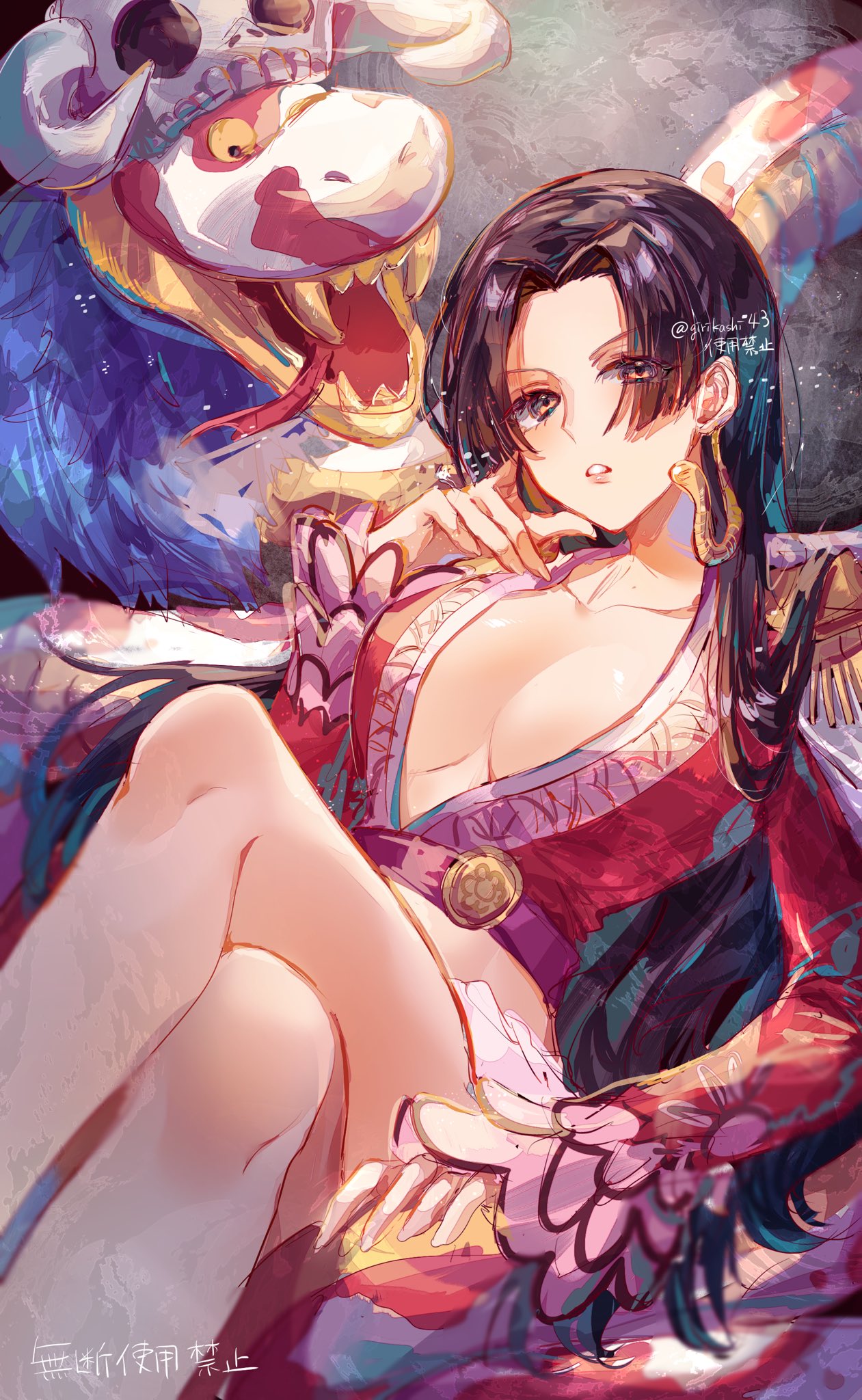 1girl artist_name black_hair boa_hancock breasts cleavage crossed_legs dress earrings girikashi43 highres jewelry legs looking_at_viewer one_piece pet red_dress salome_(one_piece) skull snake solo