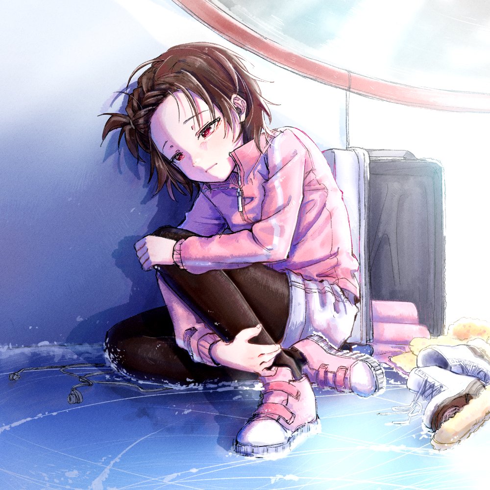 1girl black_pantyhose brown_hair frown full_body ice ice_skates jacket leg_hold medalist_(manga) moc_0625 one_side_up pantyhose pink_jacket red_eyes shoes short_hair shorts sitting skates sneakers solo suitcase yuitsuka_inori