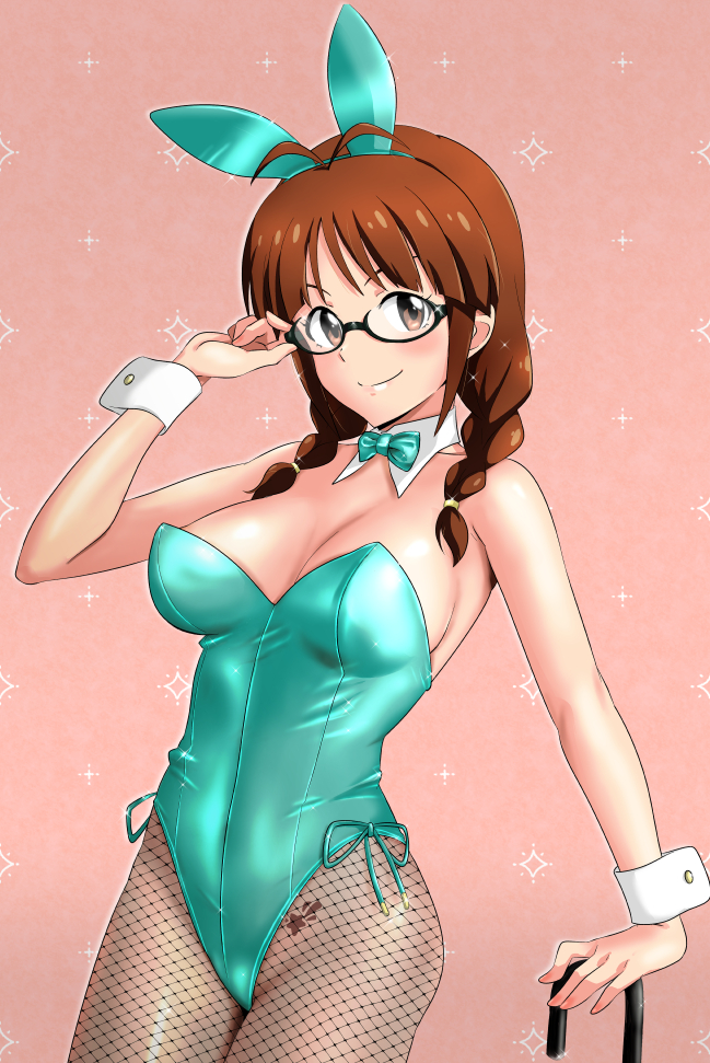 akizuki_ritsuko animal_ears antenna_hair aqua_bow aqua_bowtie aqua_leotard bow bowtie braid breasts brown_eyes brown_hair cane cleavage detached_collar fishnet_pantyhose fishnets grey_pantyhose hair_over_shoulder idolmaster idolmaster_(classic) idolmaster_1 leotard long_hair low_twintails medium_breasts minpei_ichigo pantyhose pink_background playboy_bunny rabbit_ears strapless strapless_leotard twin_braids twintails wrist_cuffs