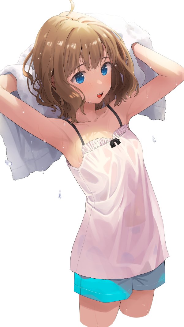 1girl ahoge aqua_shorts armpits arms_up blue_eyes breasts brown_hair camisole collarbone commentary_request cropped_legs holding holding_towel idolmaster idolmaster_million_live! short_shorts shorts simple_background small_breasts solo suou_momoko towel wet wet_hair white_background white_camisole yoropa