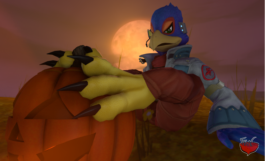 animal_humanoid anthro avian avian_humanoid falco_lombardi feet food foot_fetish foot_focus foxmccloud287 fruit halloween holidays humanoid jack-o'-lantern male nintendo plant pumpkin solo star_fox talons