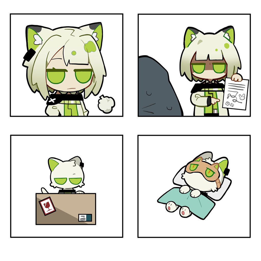 1girl 1other animal_ears animalization arknights blanket box cat cat_ears cat_girl chibi closed_mouth commentary doctor_(arknights) dress eye_mask fragile_symbol green_dress holding holding_paper in_box in_container jacket jitome kal'tsit_(arknights) lying on_back paper pillow pointing sidelocks simple_background south_ac symbol-only_commentary white_background white_jacket
