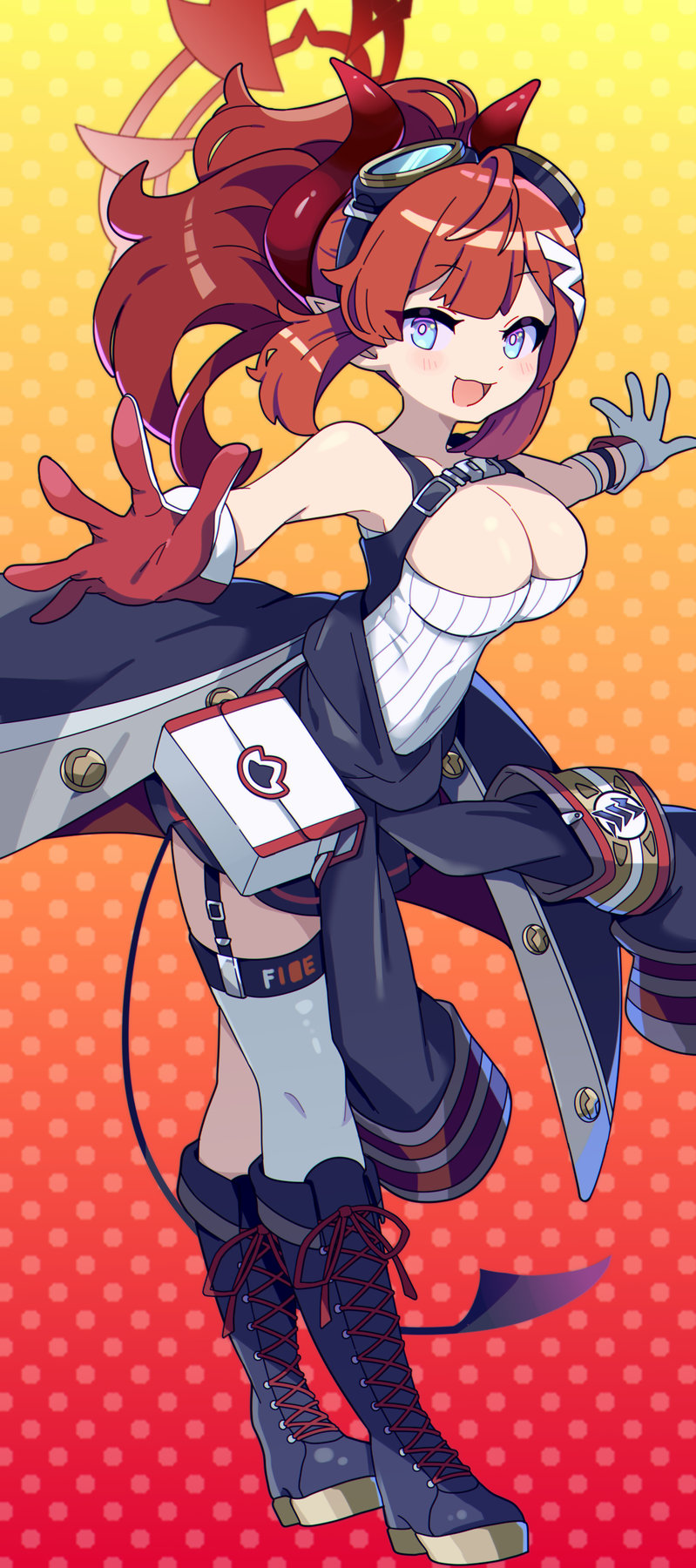 1girl :d asymmetrical_legwear black_footwear black_jacket black_tail blue_archive blue_eyes blush boots breasts cleavage clothes_around_waist demon_horns demon_tail full_body gloves goggles goggles_on_head gradient_background halo highres horns jacket jacket_around_waist large_breasts looking_at_viewer medium_hair megu_(blue_archive) mismatched_legwear outstretched_arms polka_dot polka_dot_background ponytail red_gloves red_hair red_horns smile solo spread_arms syumi080 tail tank_top two-tone_gloves white_bag white_gloves