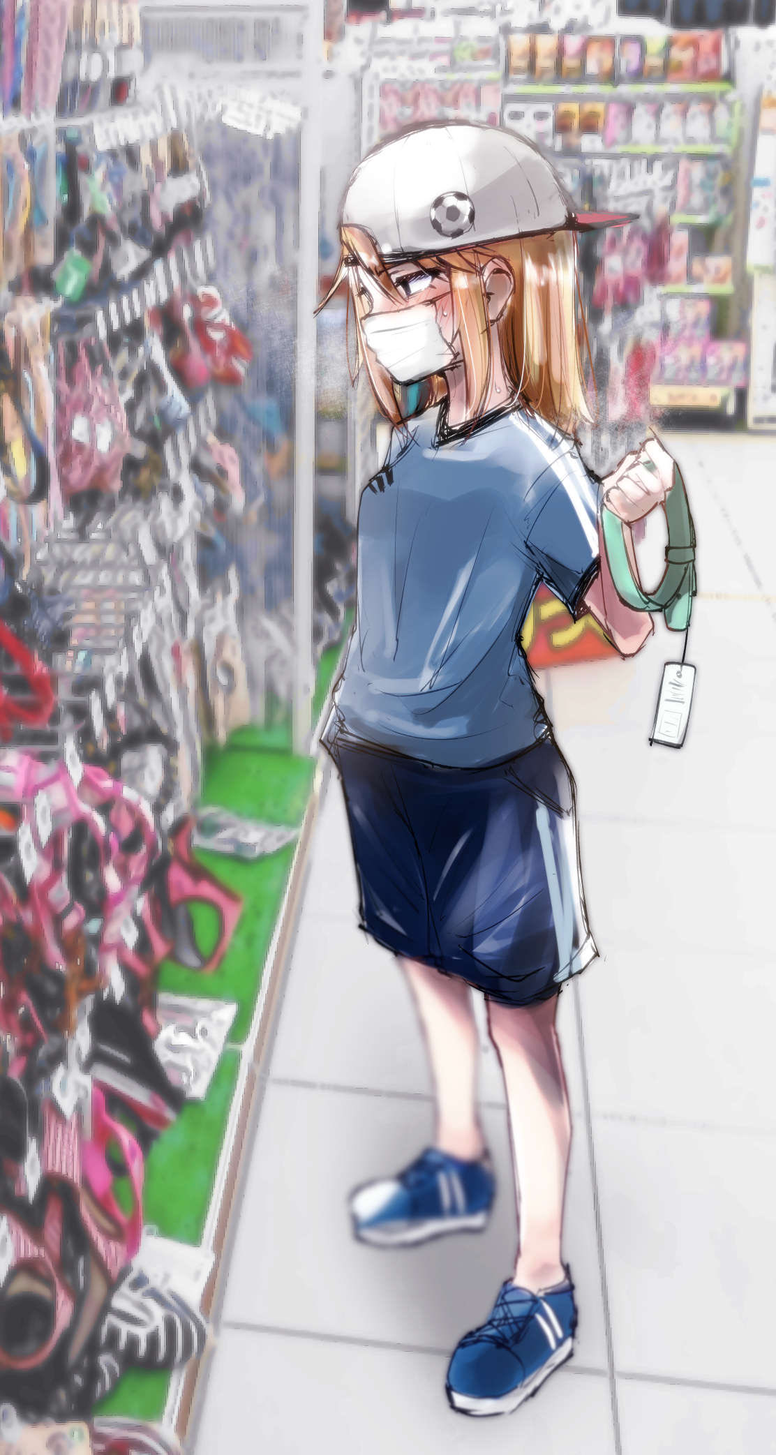 1girl aketa_chika baseball_cap black_eyes blue_footwear blue_shirt blue_shorts blush brown_hair collar full_body hair_between_eyes hat highres holding holding_collar idolmaster idolmaster_cinderella_girls indoors mask mouth_mask photo_background shirt shoes shop short_sleeves shorts sneakers solo standing sweat tomboy white_mask yuuki_haru