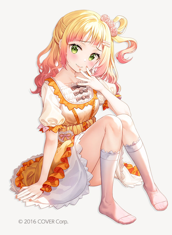 1girl blonde_hair closed_mouth commentary_request dress flower frilled_dress frills fujima_takuya full_body gradient_hair green_eyes grey_background hair_flower hair_ornament hand_up hololive knees_up long_hair looking_at_viewer momosuzu_nene multicolored_hair no_shoes official_art orange_dress pink_flower pink_rose puffy_short_sleeves puffy_sleeves rose short_sleeves simple_background sitting smile socks solo virtual_youtuber white_dress white_socks